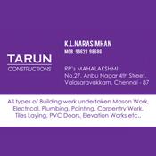 Business Card Designs - TARUN Construction, Valasaravakkam, Chennai