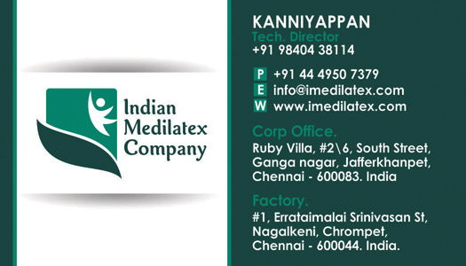 Business Card Designs, Branding - Indian Medilatex Company, Jafferkhanpet, Chennai