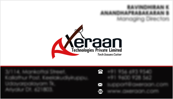 Branding Designs, Business Card - Axeraan Technologies Private Limited, Chennnai