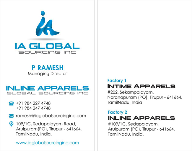 Branding Package, Business Card - IA Global Sourcing Inc, Arulpuram(PO), Tirupur.