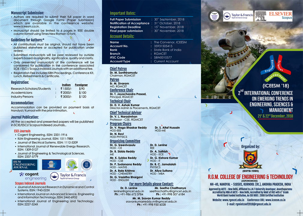 Tri-Folder Brochure Designing Service - ICEESM 2018 - R.G.M College of Engineering & Technology, Kurnool, Andhra Pradesh.