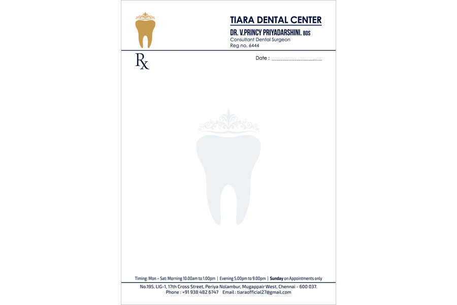 Logo Designing Services, Letter Head - Tiara Dental Center, Mogappair West, Chennai