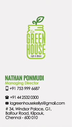 Brand Business Card Desinging Service. La Green House -Cafe & Bistro, Kellys, Kilpauk, Chennai