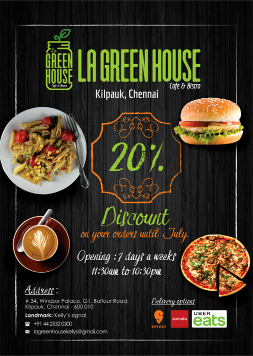 Brand Brochure Desinging Service. La Green House - Cafe & Bistro, Kellys, Kilpauk, Chennai