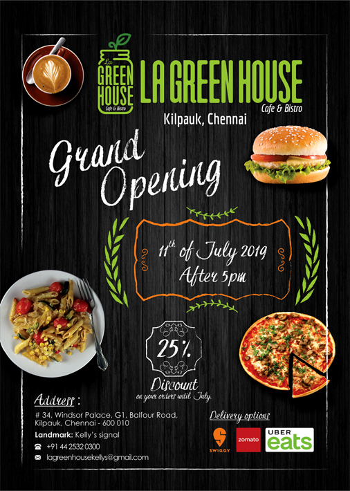 Brand Brochure Desinging Service. La Green House - Cafe & Bistro, Kellys, Kilpauk, Chennai