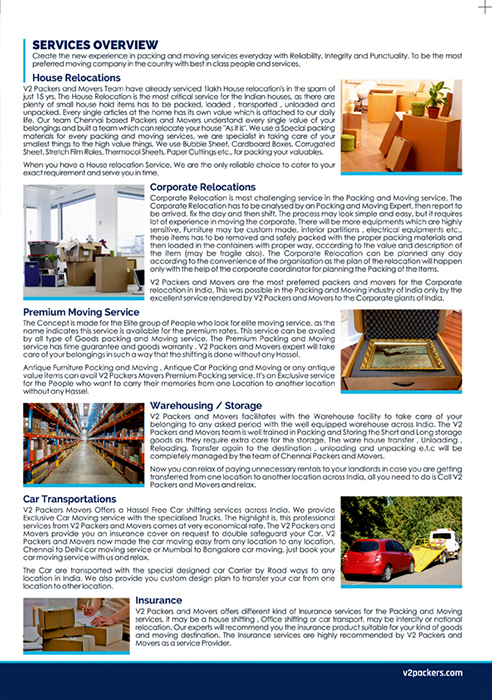 Brochure Designing Services - V2 Packers And Movers Private Limited, Korattur, Chennai.