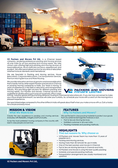 Brochure Designing Services - V2 Packers And Movers Private Limited, Korattur, Chennai.